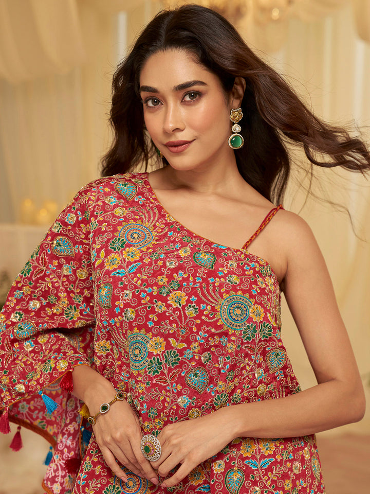 Red Art Silk Embroidered One Shoulder Short Top With Palazzo