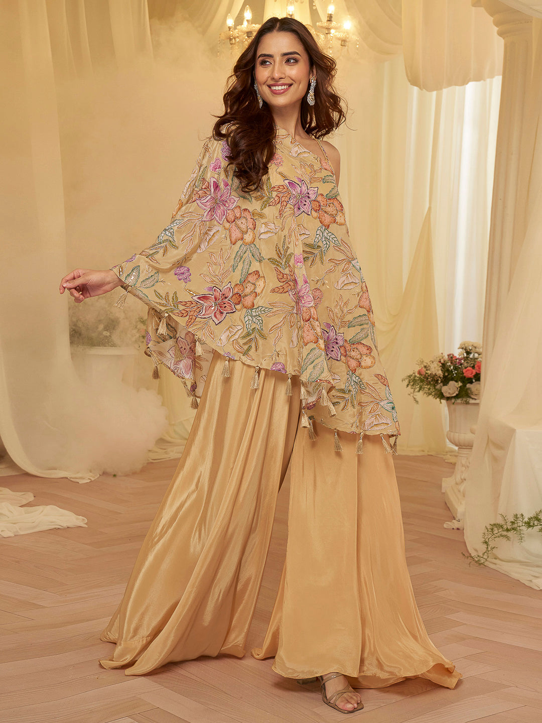 Beige Art Silk Embroidered One Shoulder Short Top With Palazzo