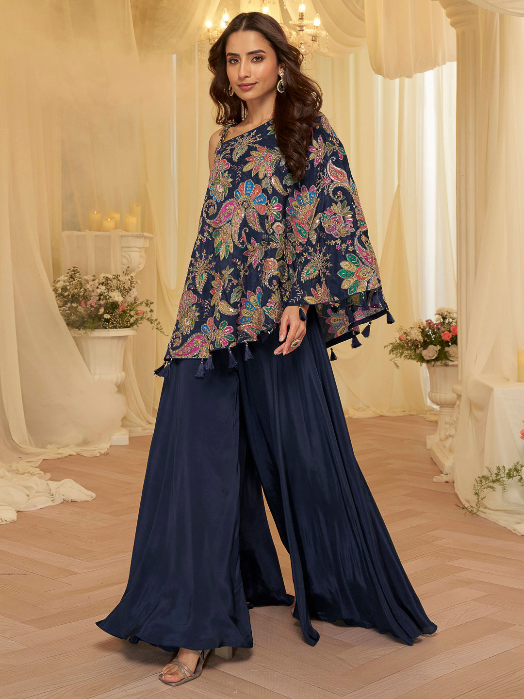 Navy Blue Art Silk Embroidered One Shoulder Short Top With Palazzo