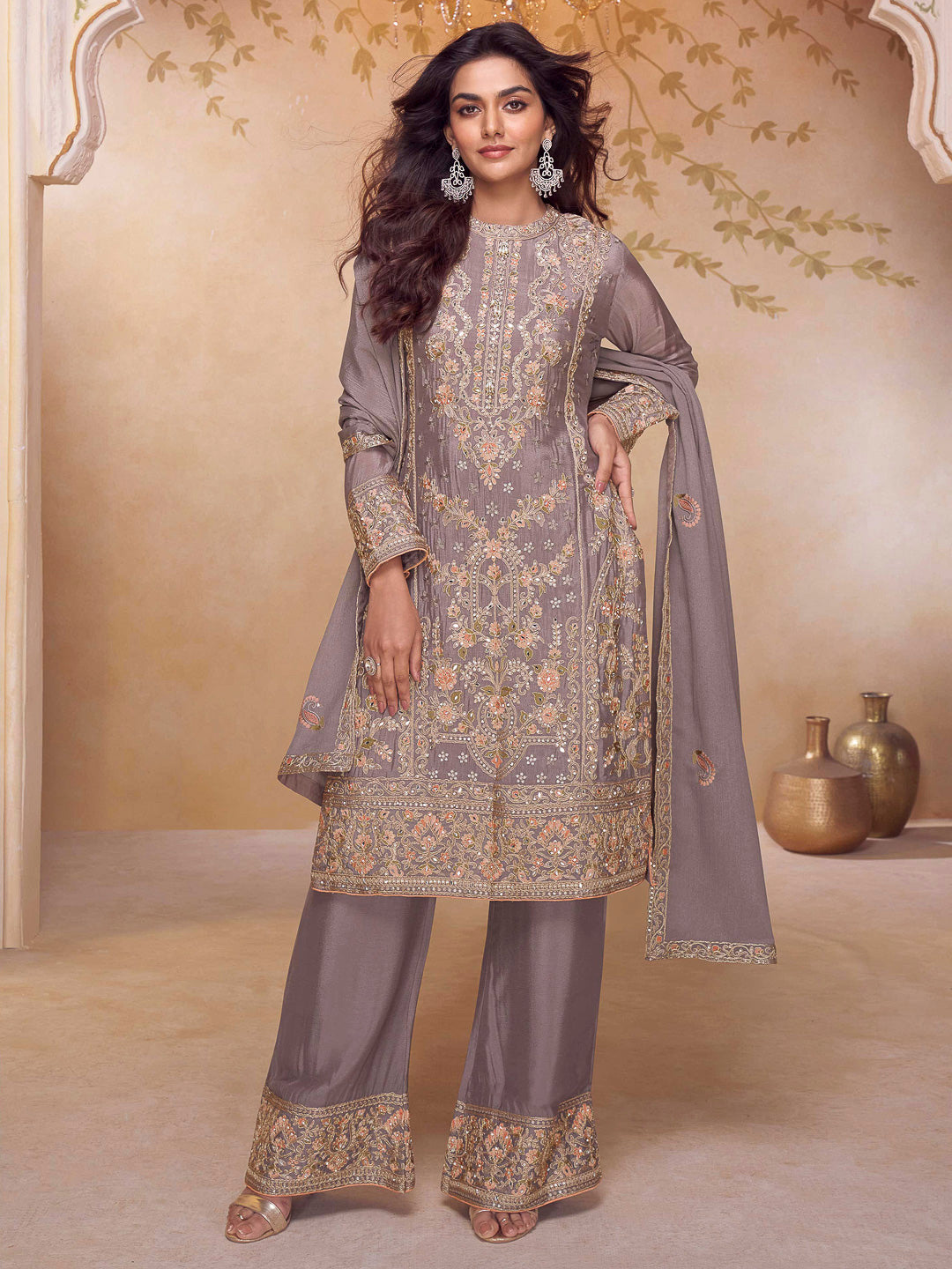 Grey Chinon Embroidered Kurta With Pant &amp; Dupatta