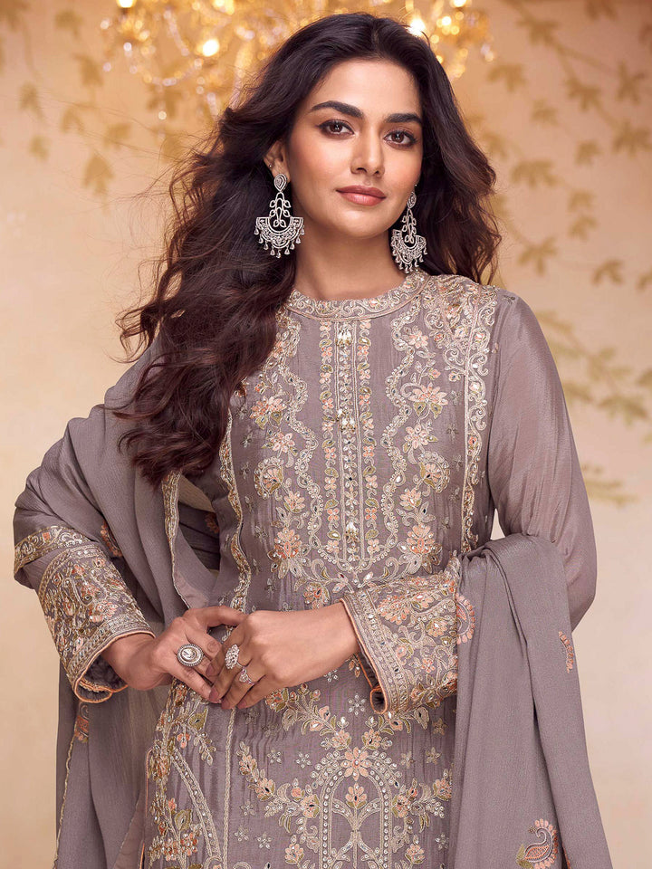 Grey Chinon Embroidered Kurta With Pant &amp; Dupatta