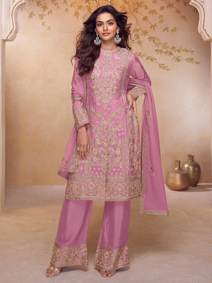 Pink Chinon Embroidered Kurta With Pant &amp; Dupatta