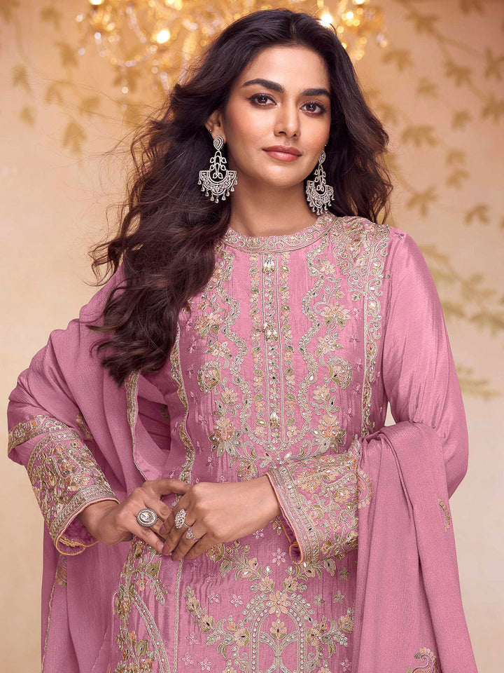 Pink Chinon Embroidered Kurta With Pant &amp; Dupatta