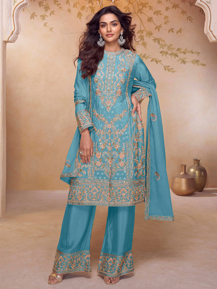 Blue Chinon Embroidered Kurta With Pant &amp; Dupatta