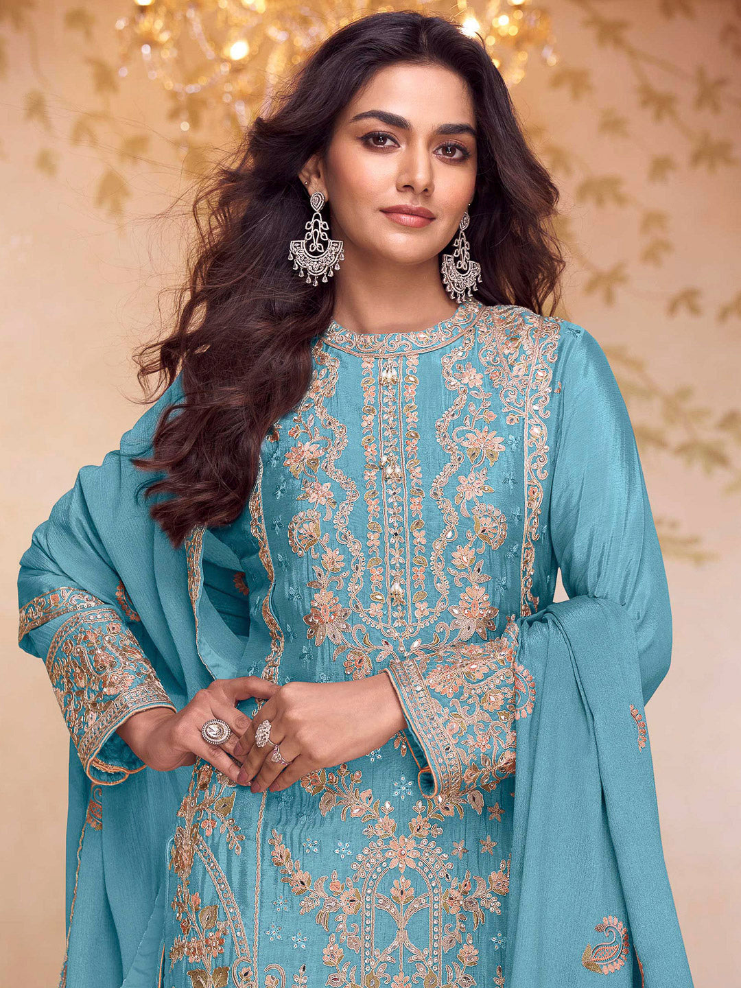Blue Chinon Embroidered Kurta With Pant &amp; Dupatta