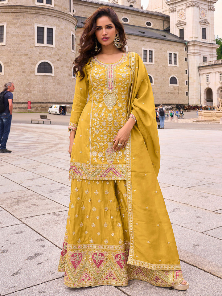 Yellow Art Silk Embroidered Kurta With Palazzo &amp; Dupatta