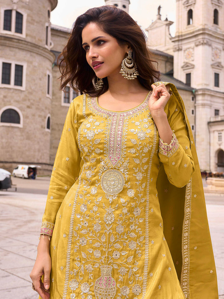 Yellow Art Silk Embroidered Kurta With Palazzo &amp; Dupatta