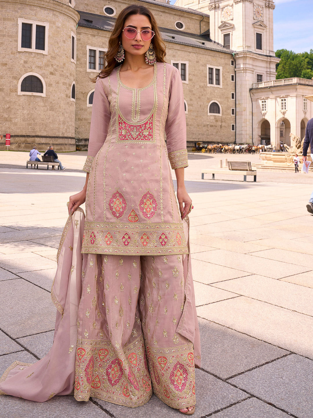 Pink Lt Art Silk Embroidered Kurta With Palazzo &amp; Dupatta