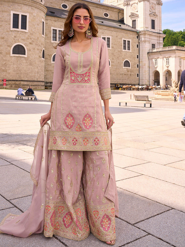 Pink Lt Art Silk Embroidered Kurta With Palazzo &amp; Dupatta