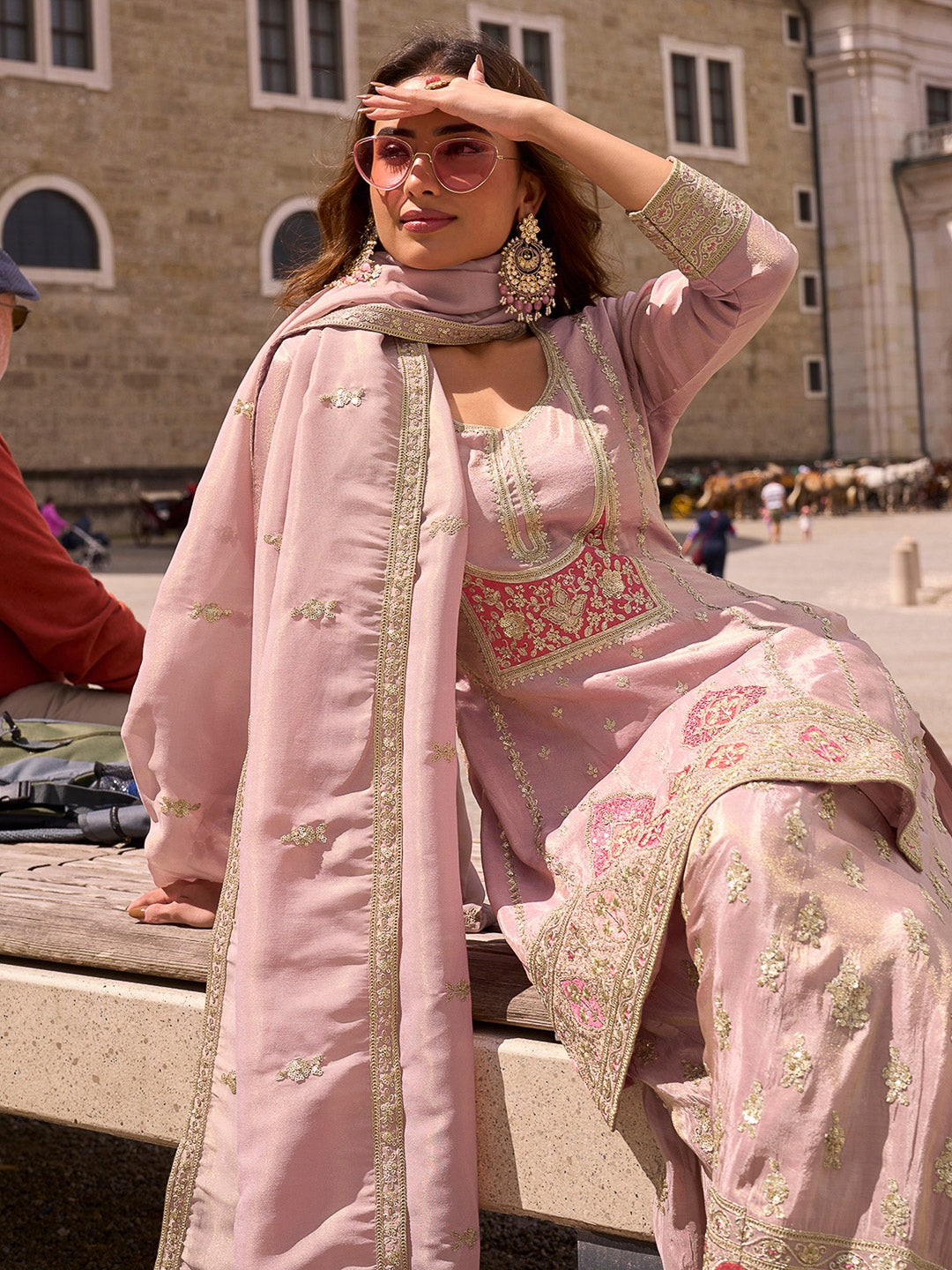 Pink Lt Art Silk Embroidered Kurta With Palazzo &amp; Dupatta
