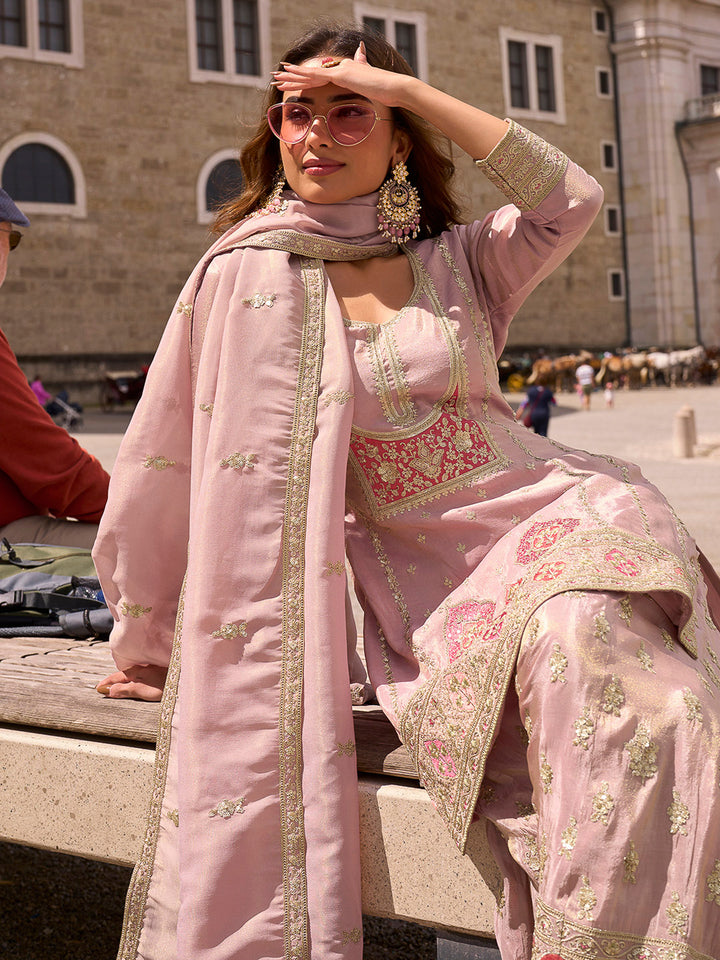 Pink Lt Art Silk Embroidered Kurta With Palazzo &amp; Dupatta