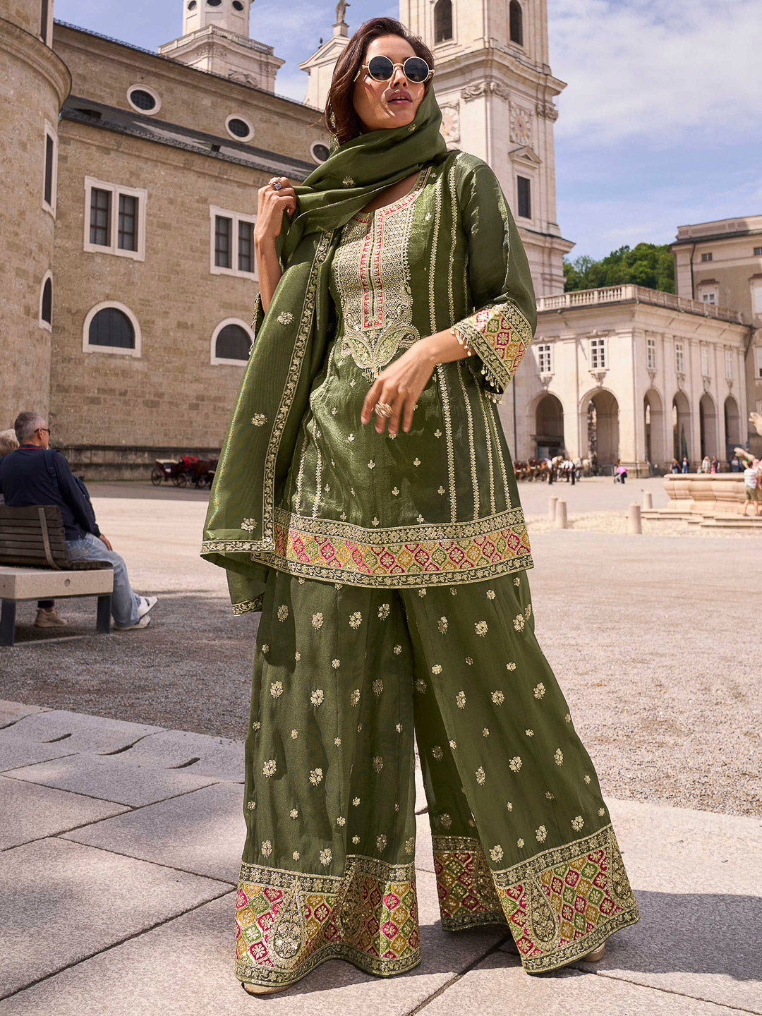 Mehndi Art Silk Embroidered Kurta With Palazzo &amp; Dupatta