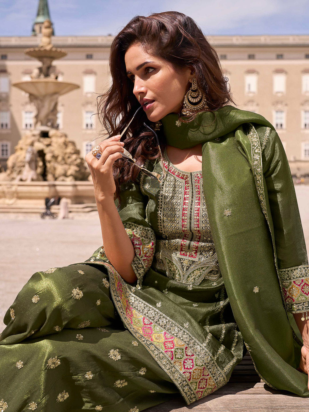 Mehndi Art Silk Embroidered Kurta With Palazzo &amp; Dupatta