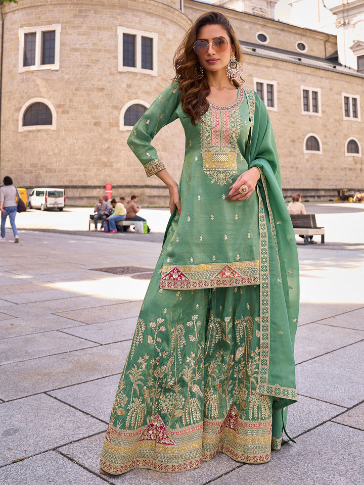 Sea Green Art Silk Embroidered Kurta With Palazzo &amp; Dupatta