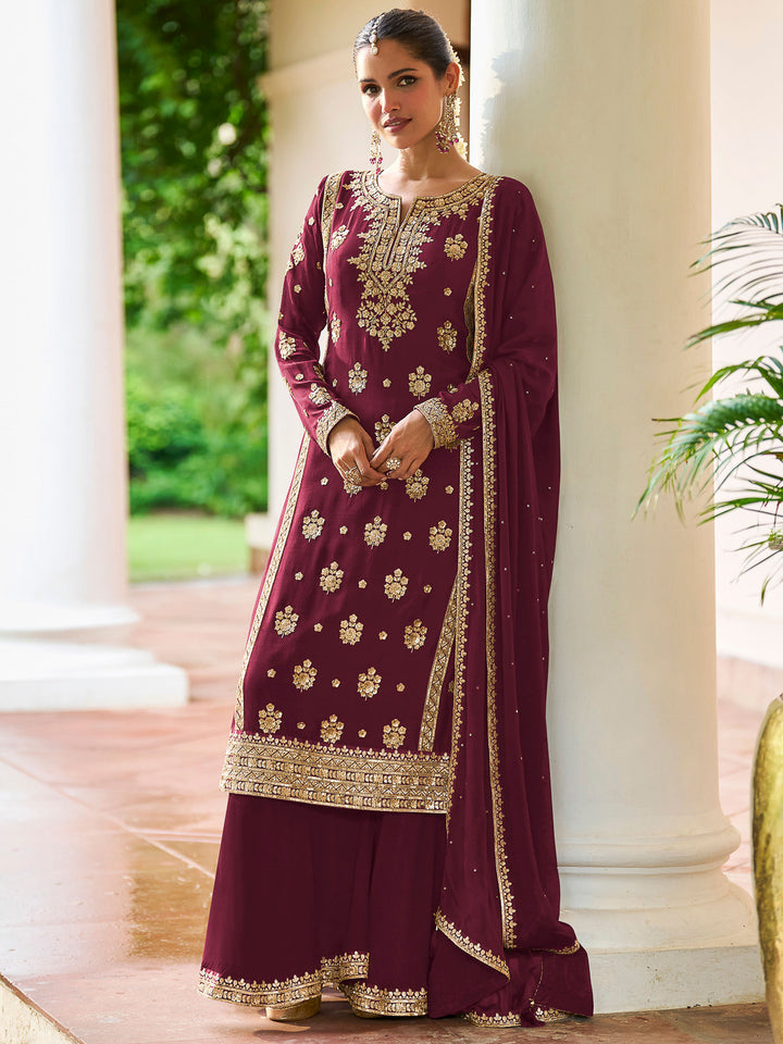 Maroon Chinon Embroidered Kurta With Palazzo &amp; Dupatta