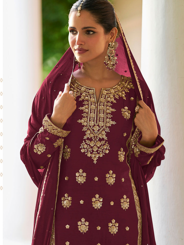 Maroon Chinon Embroidered Kurta With Palazzo &amp; Dupatta