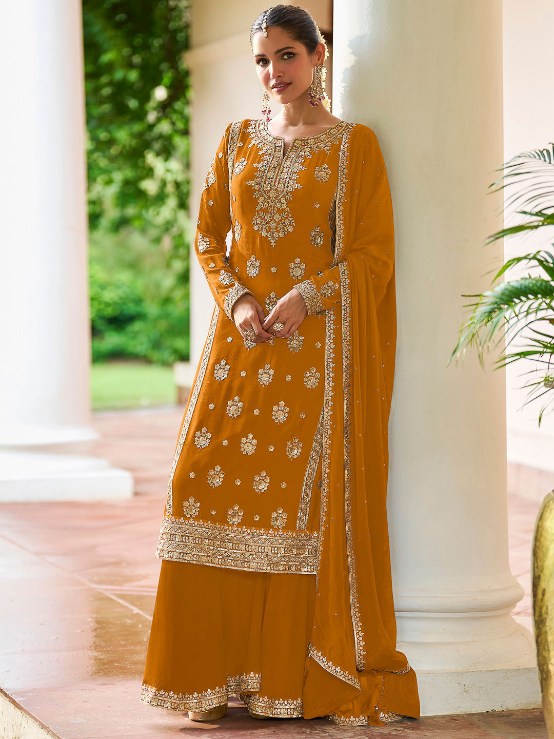 Mustard Chinon Embroidered Kurta With Palazzo &amp; Dupatta