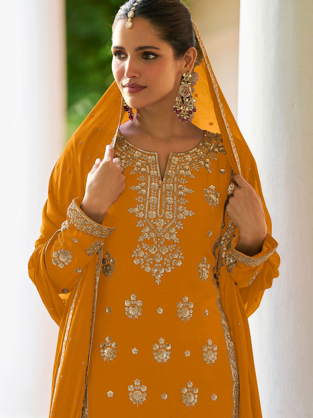 Mustard Chinon Embroidered Kurta With Palazzo &amp; Dupatta