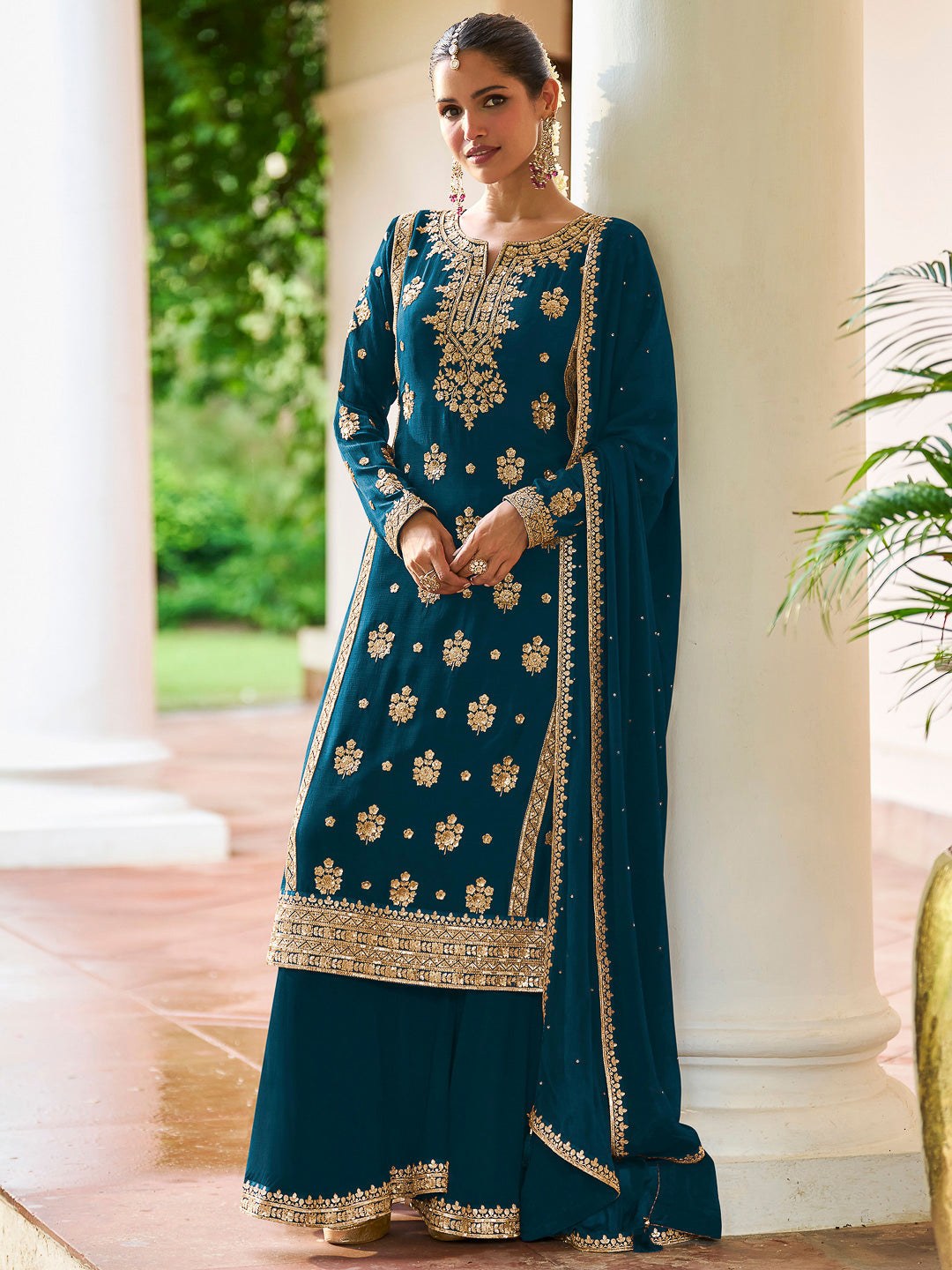 Teal Blue Chinon Embroidered Kurta With Palazzo &amp; Dupatta