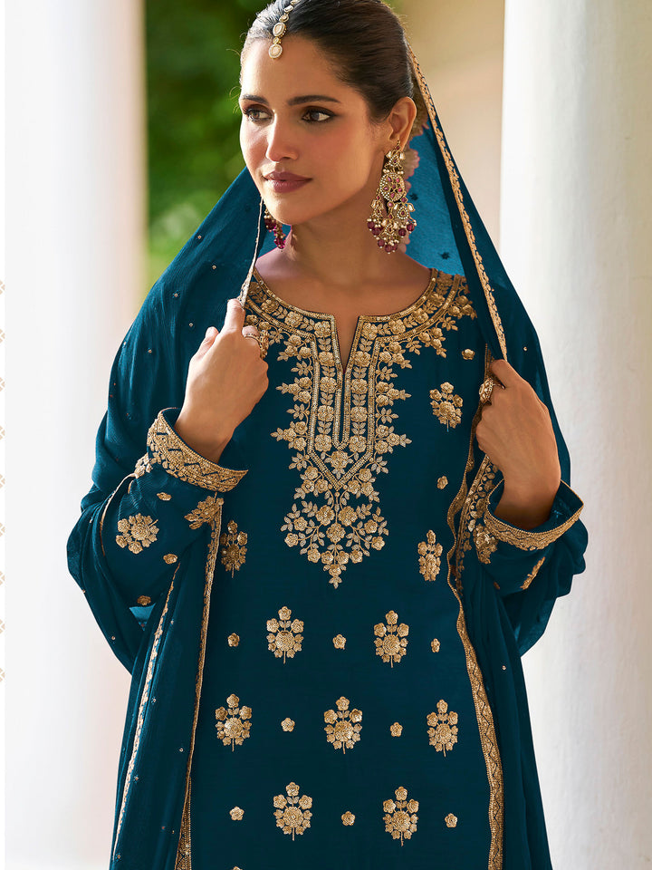 Teal Blue Chinon Embroidered Kurta With Palazzo &amp; Dupatta