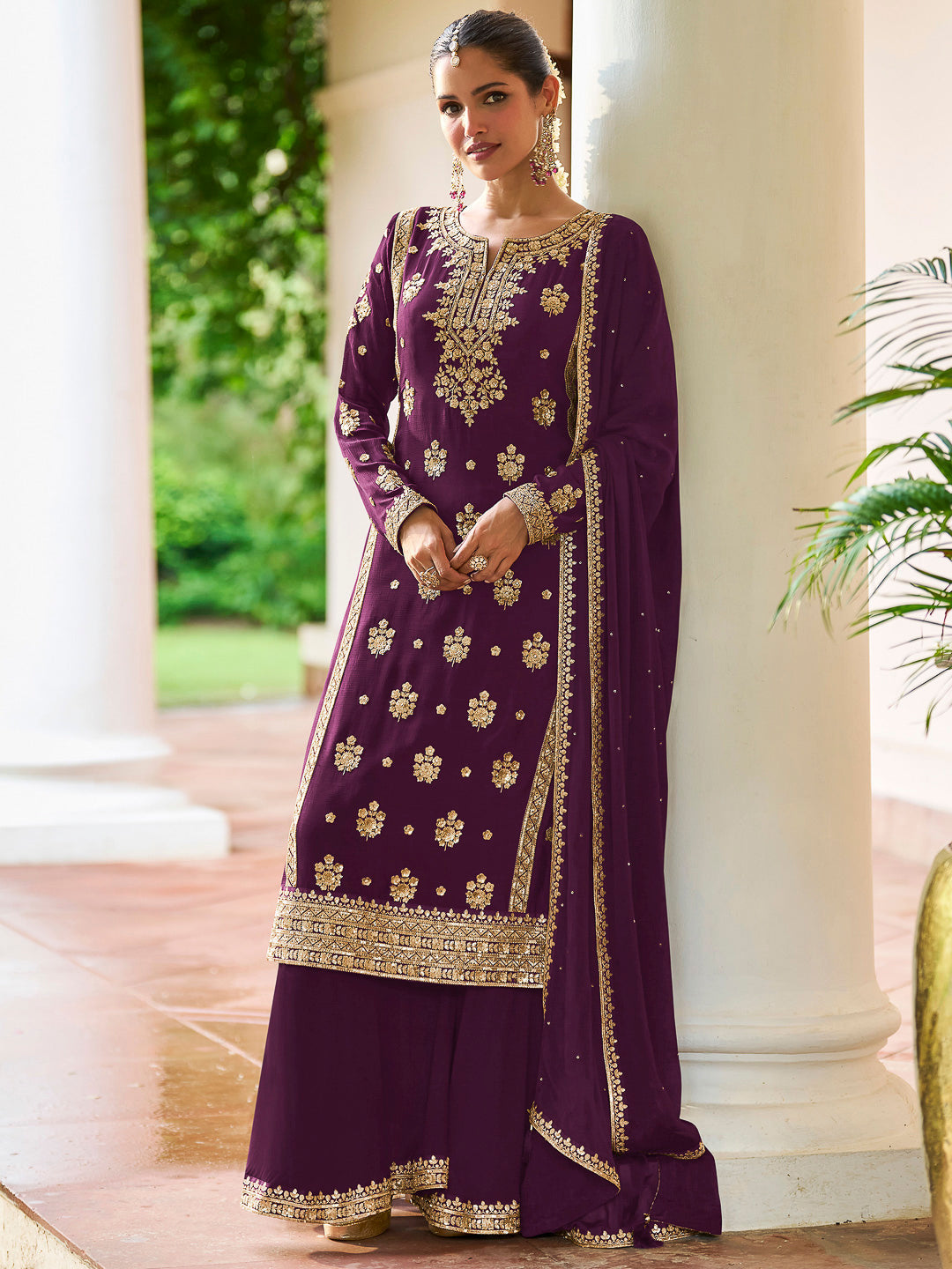 Purple Chinon Embroidered Kurta With Palazzo &amp; Dupatta