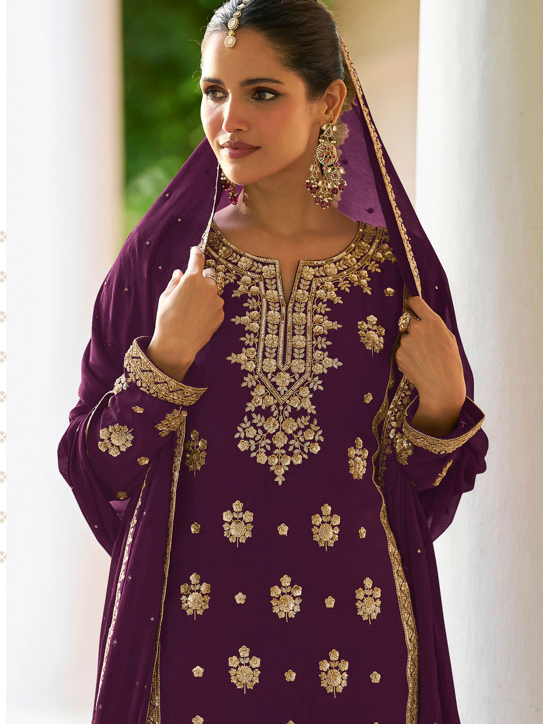 Purple Chinon Embroidered Kurta With Palazzo &amp; Dupatta