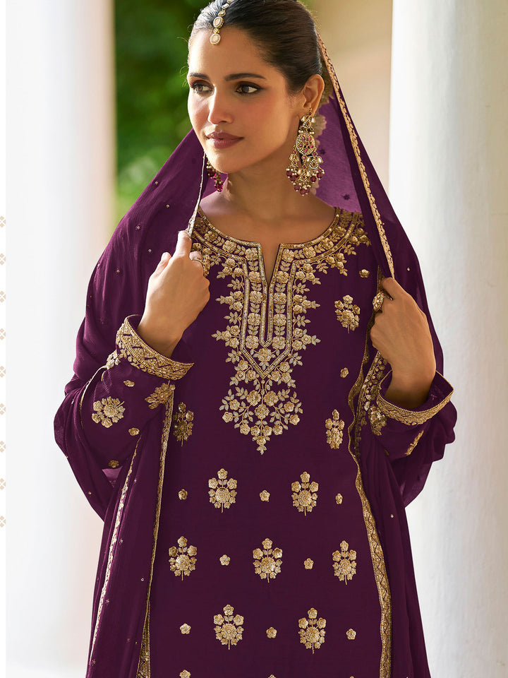 Purple Chinon Embroidered Kurta With Palazzo &amp; Dupatta