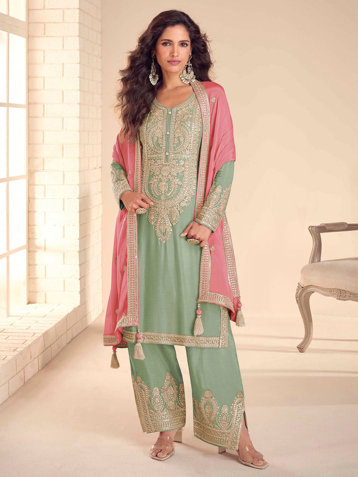 Sea Green Chinon Embroidered Kurta With Pant &amp; Dupatta