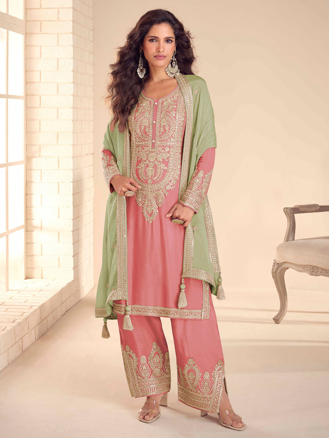 Pink Chinon Embroidered Kurta With Pant &amp; Dupatta