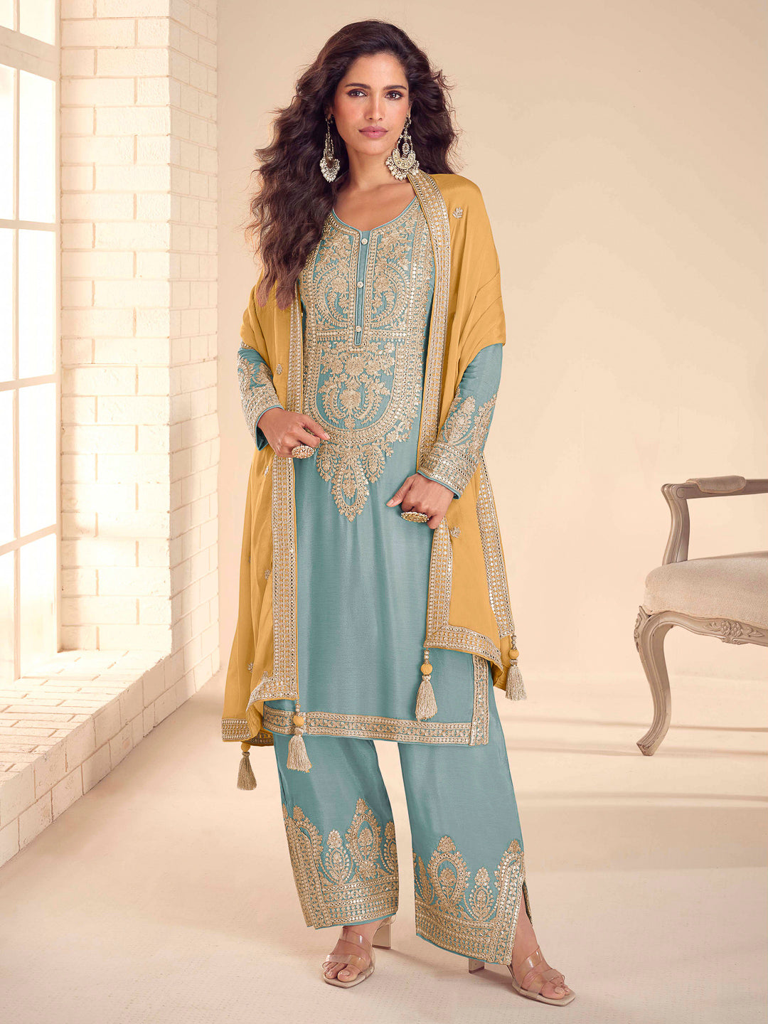Blue Chinon Embroidered Kurta With Pant &amp; Dupatta
