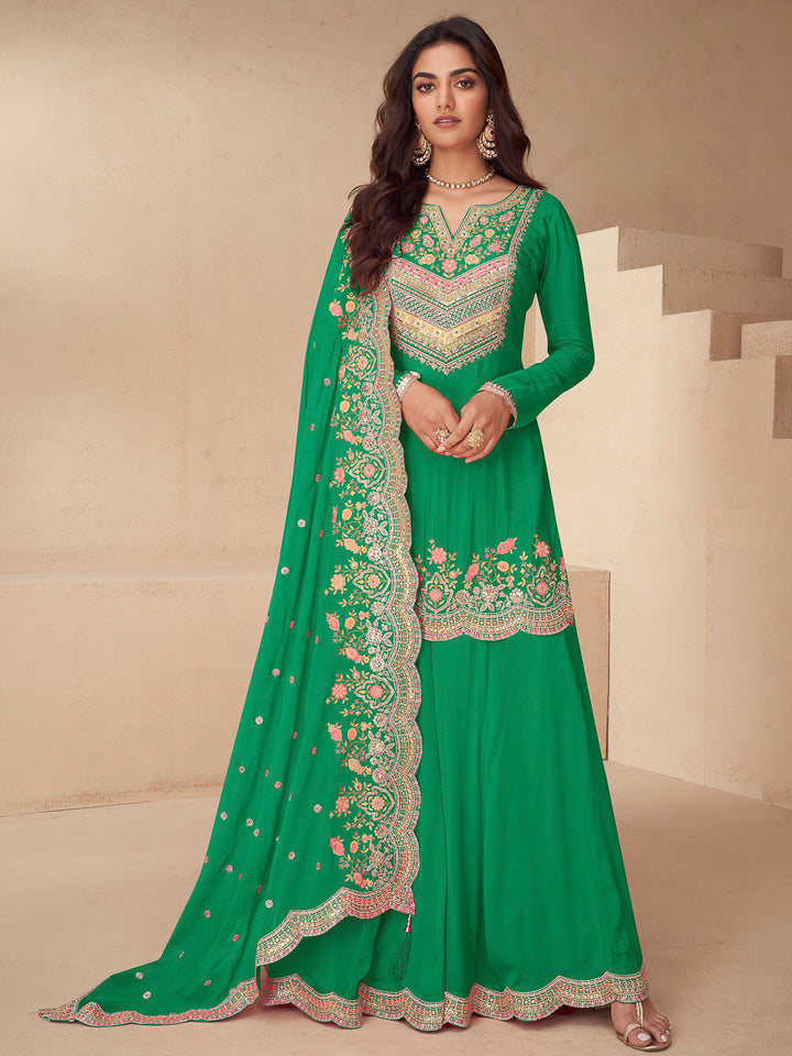 Green Chinon Embroidered Kurta With Palazzo &amp; Dupatta