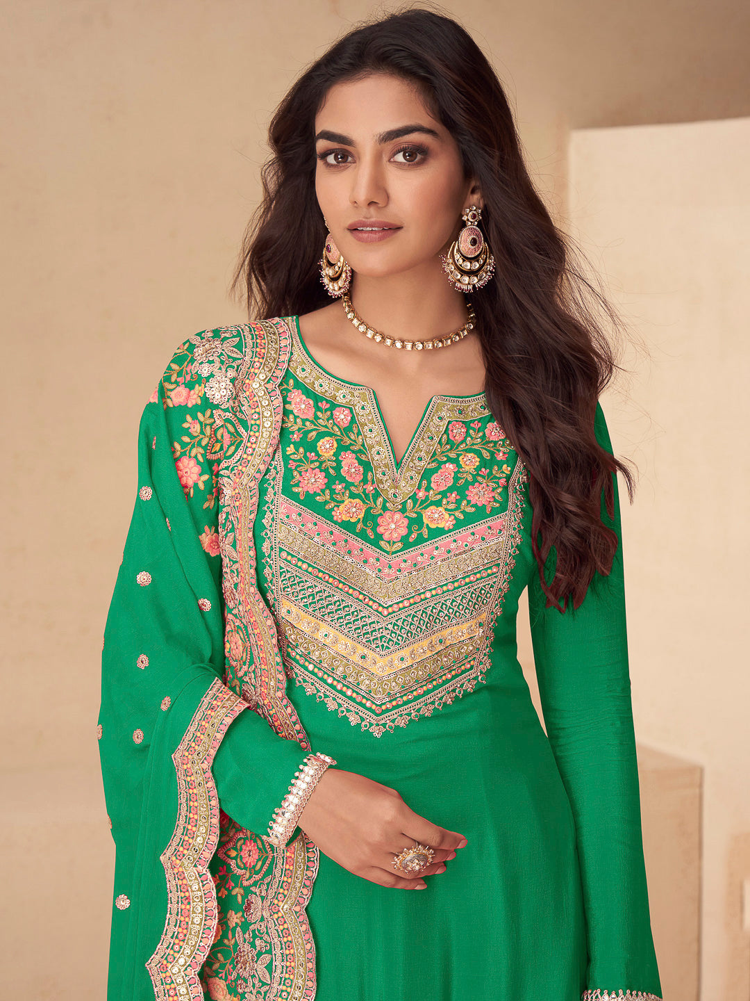 Green Chinon Embroidered Kurta With Palazzo &amp; Dupatta