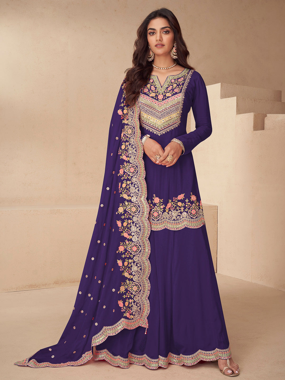 Purple Chinon Embroidered Kurta With Palazzo &amp; Dupatta