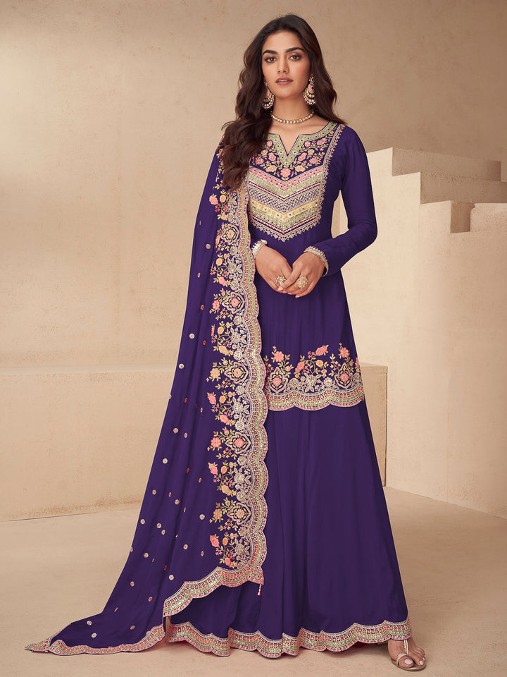 Purple Chinon Embroidered Kurta With Palazzo &amp; Dupatta