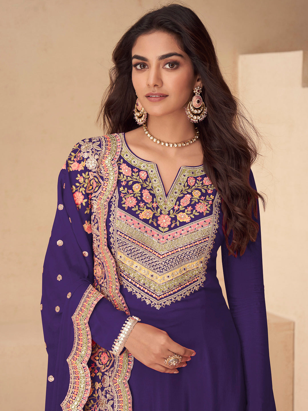 Purple Chinon Embroidered Kurta With Palazzo &amp; Dupatta