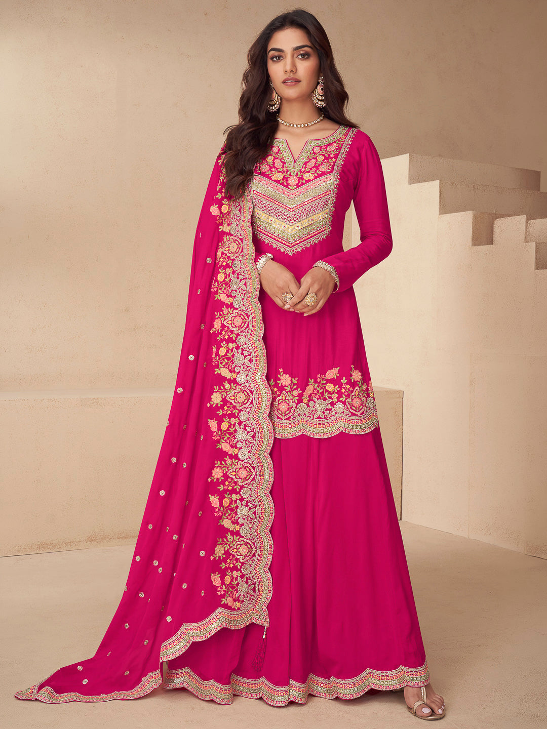 Rani Chinon Embroidered Kurta With Palazzo &amp; Dupatta