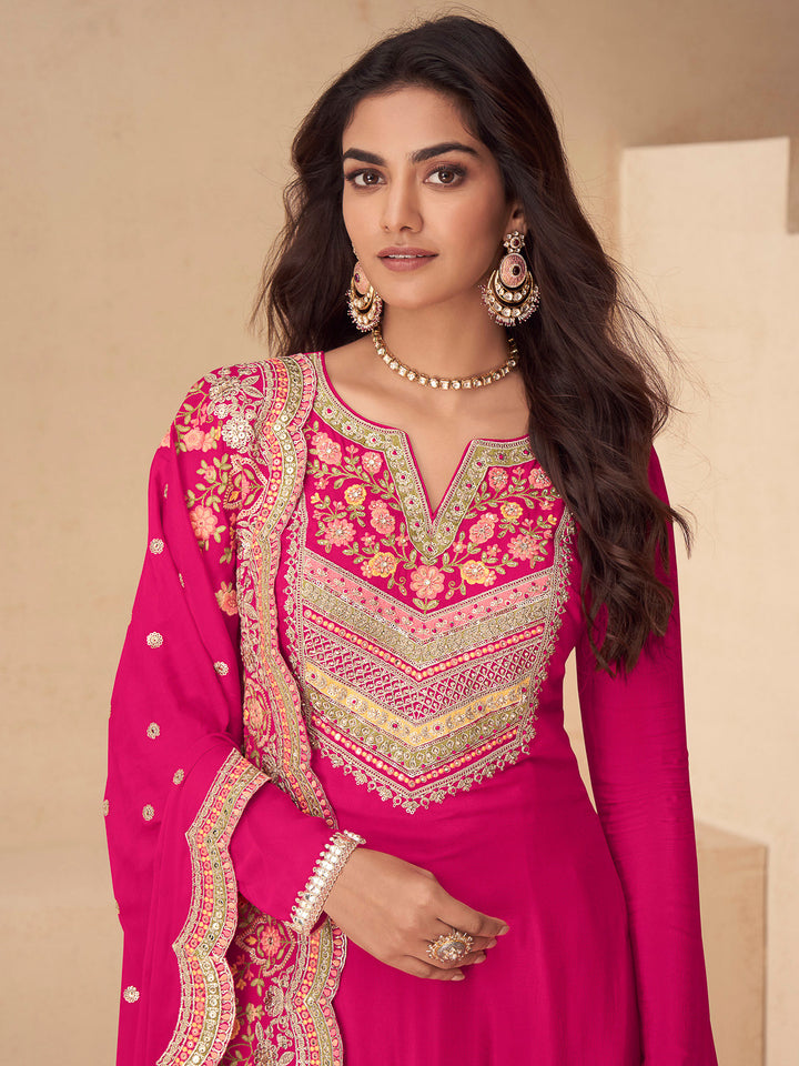Rani Chinon Embroidered Kurta With Palazzo &amp; Dupatta