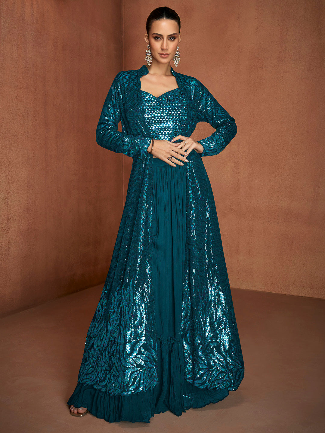 Blue Georgette Embroidered Blouse With Palazzo &amp; Jacket