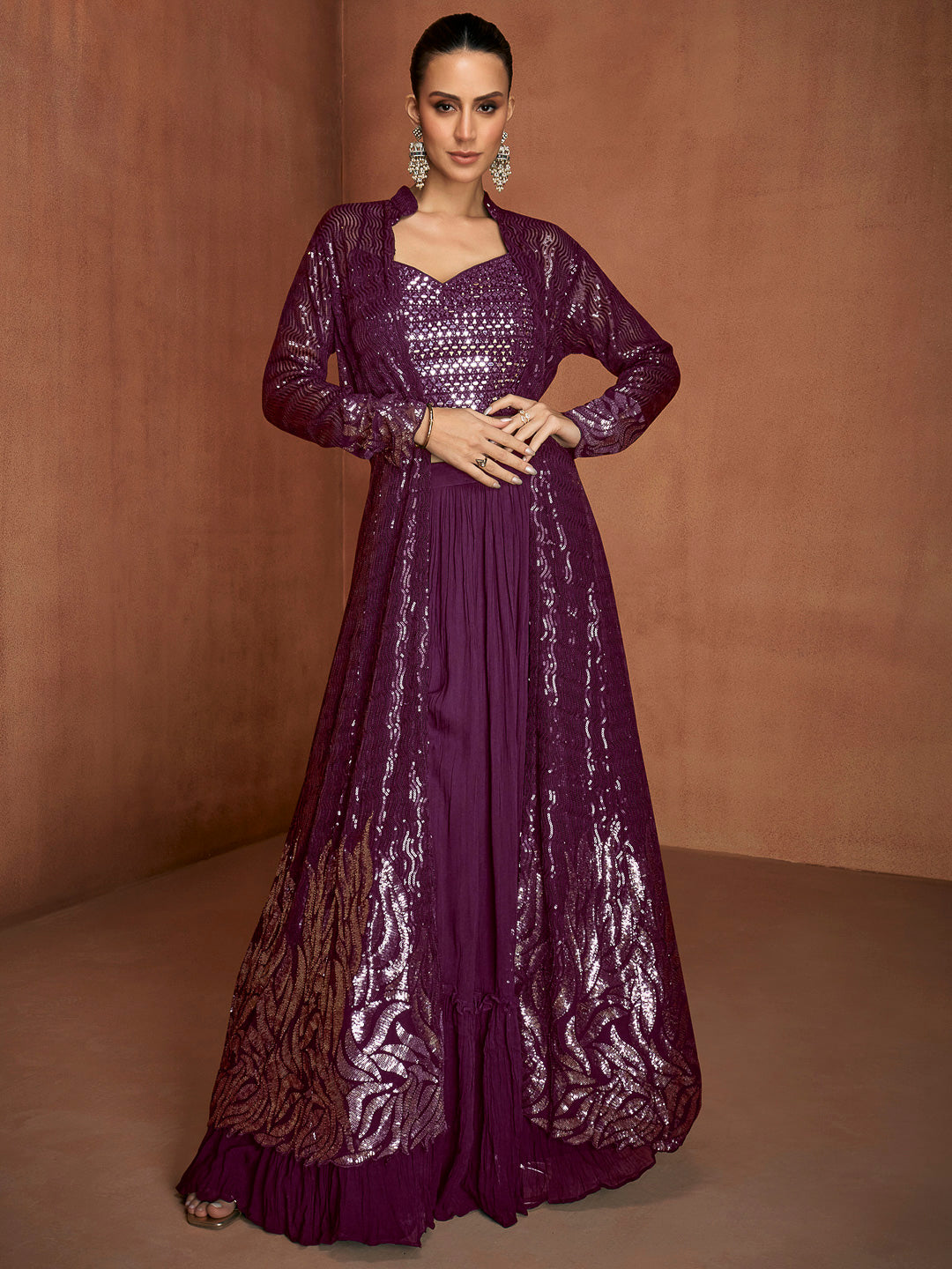 Wine Georgette Embroidered Blouse With Palazzo &amp; Jacket