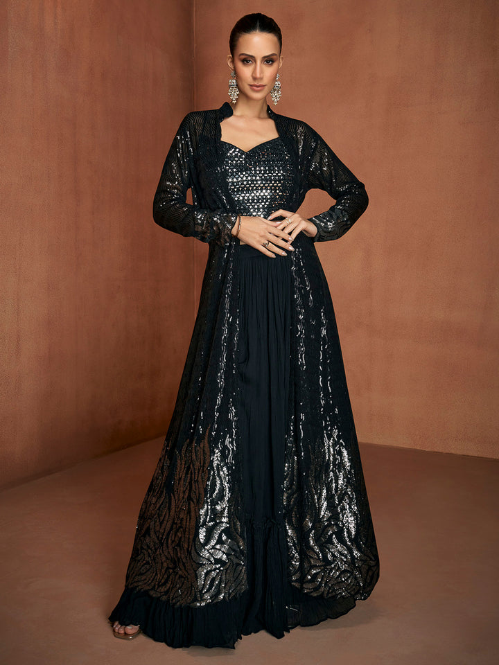 Black Georgette Embroidered Blouse With Palazzo &amp; Jacket
