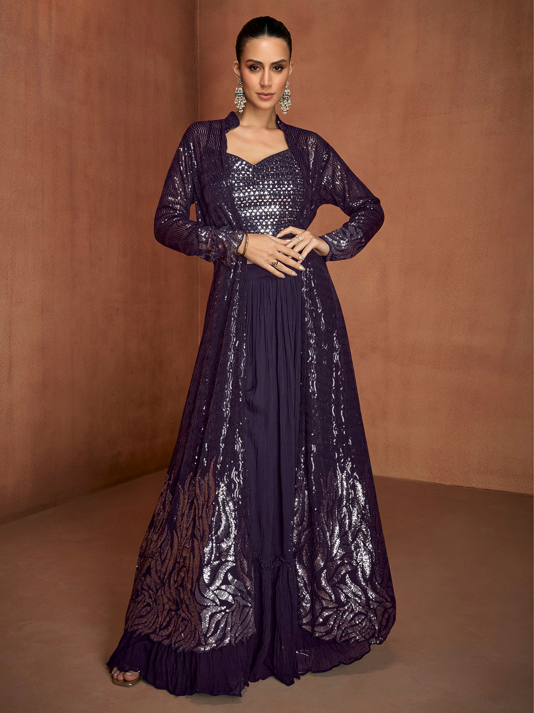 Purple Georgette Embroidered Blouse With Palazzo &amp; Jacket