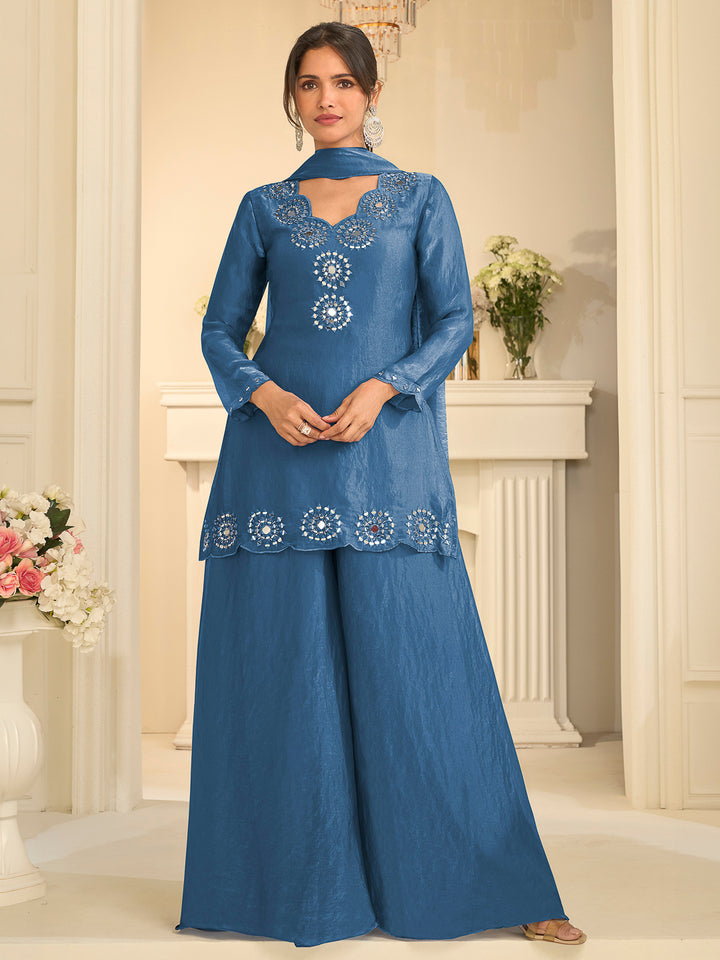 Blue Art Silk Embroidered Short Top With Palazzo &amp; Dupatta
