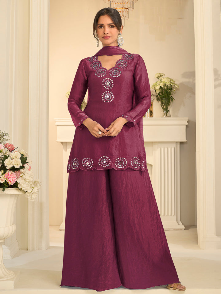 Wine Art Silk Embroidered Short Top With Palazzo &amp; Dupatta