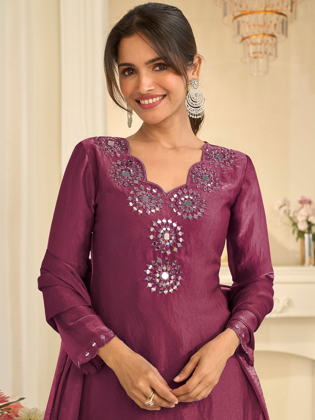 Wine Art Silk Embroidered Short Top With Palazzo &amp; Dupatta