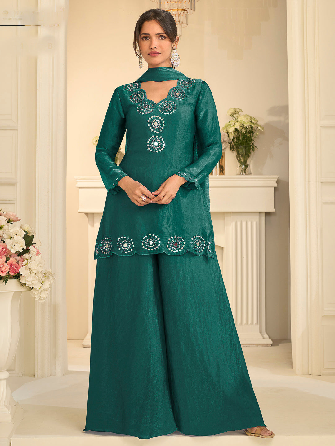 Teal Green Art Silk Embroidered Short Top With Palazzo &amp; Dupatta