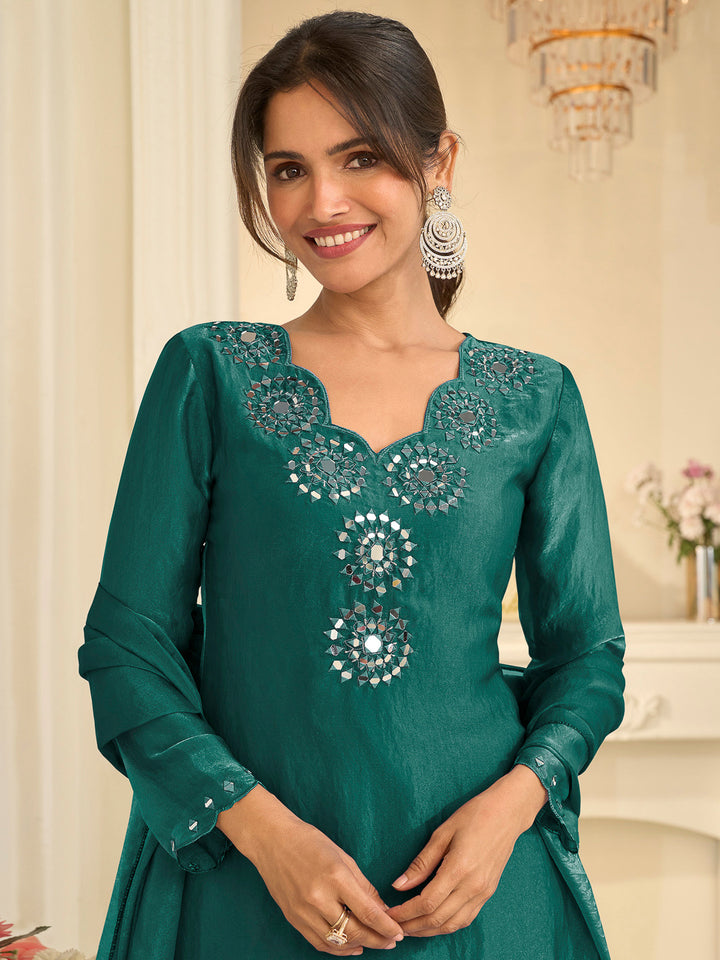Teal Green Art Silk Embroidered Short Top With Palazzo &amp; Dupatta