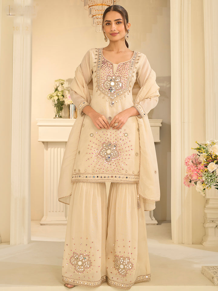 Cream Art Silk Embroidered Kurta With Sharara &amp; Dupatta