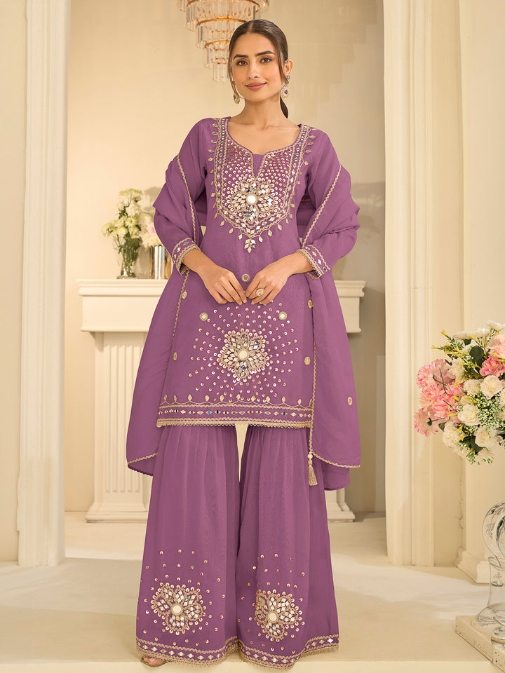 Lilac Art Silk Embroidered Kurta With Sharara &amp; Dupatta