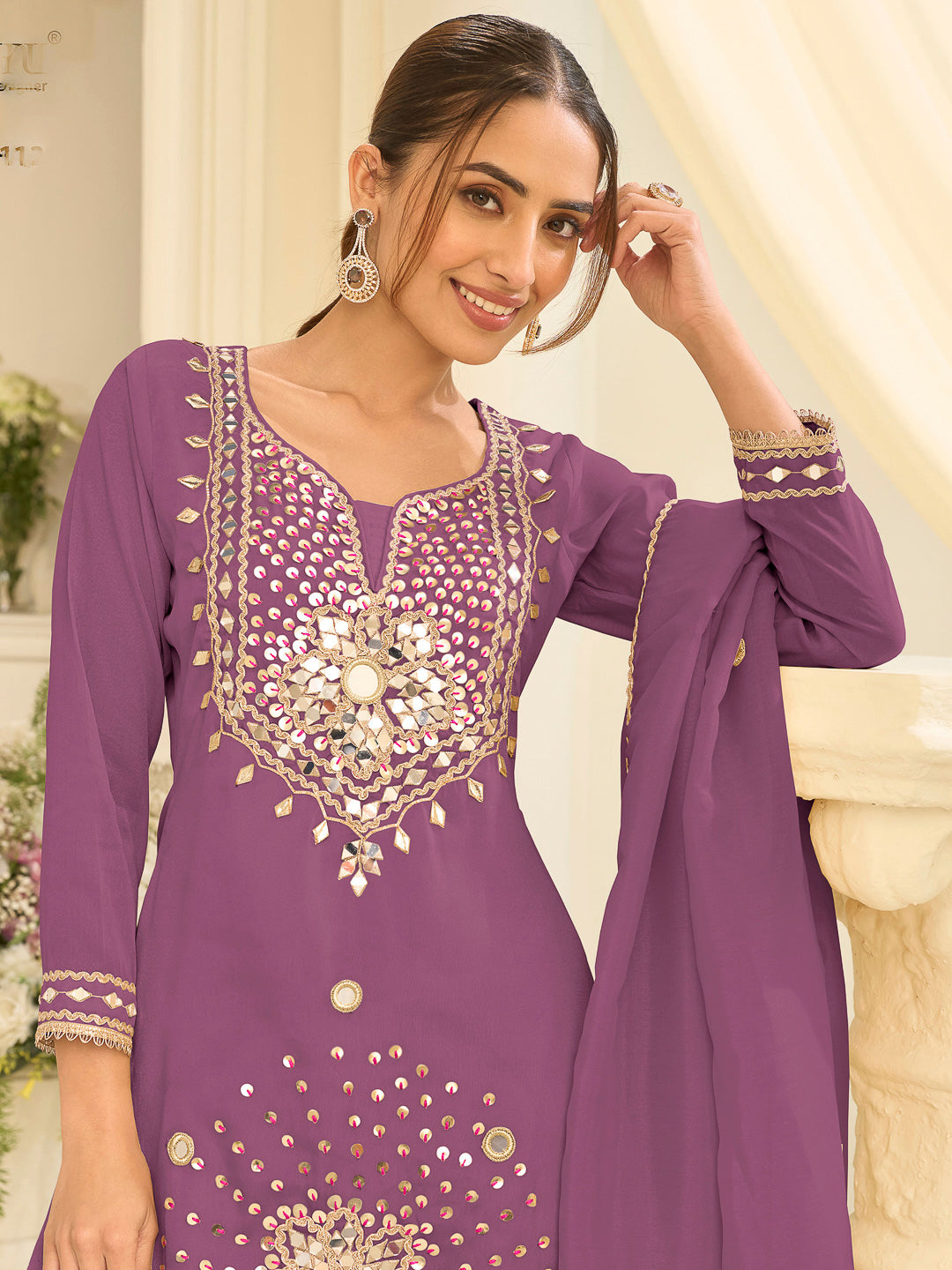 Lilac Art Silk Embroidered Kurta With Sharara &amp; Dupatta