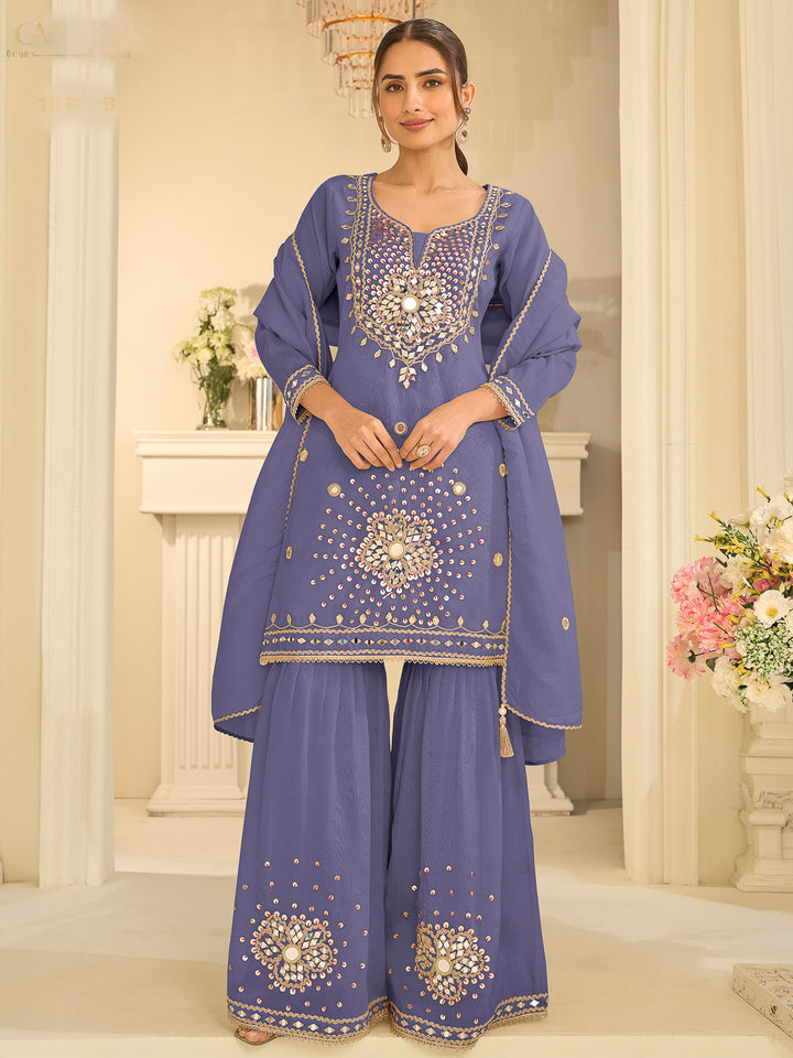 Blue Art Silk Embroidered Kurta With Sharara &amp; Dupatta